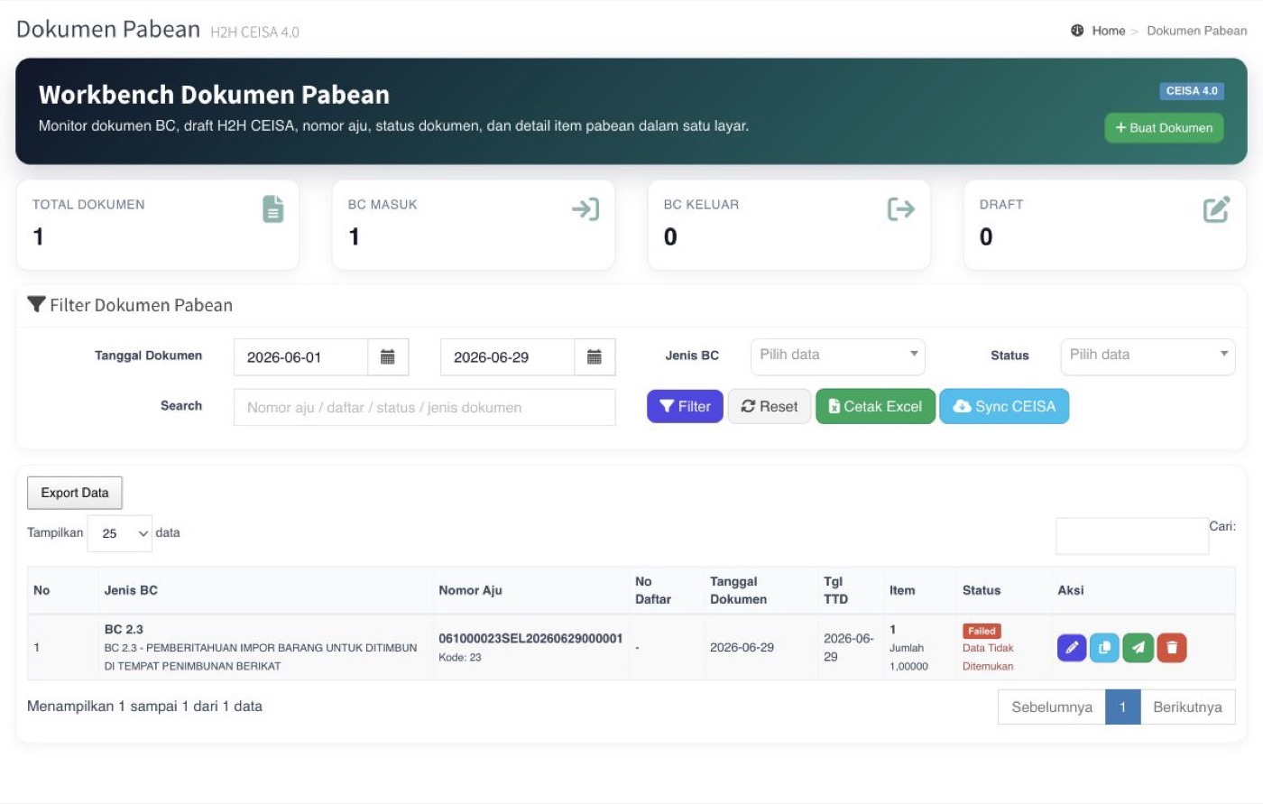 Screenshot menu Host to Host CEISA 4.0